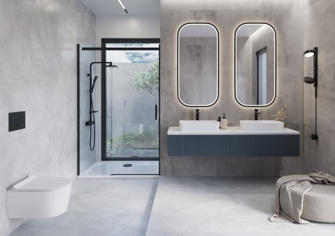 Moderne badkamer met douchecabine en twee wastafels