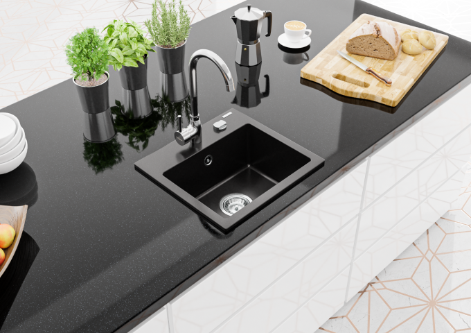 Granieten enkelvoudige zwarte spoelbakken