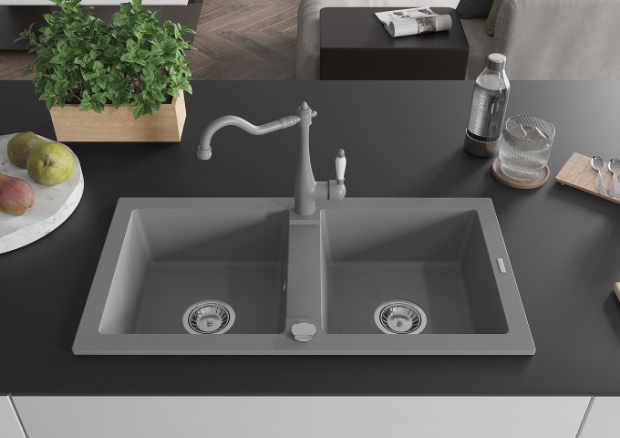 Grijze twee-kom granieten wastafels