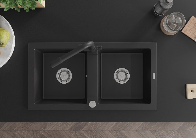 Granieten gootstenen tweecompartimenten zwart