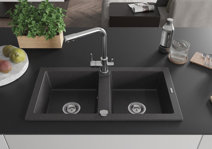 Granieten gootstenen tweecompartimenten zwart