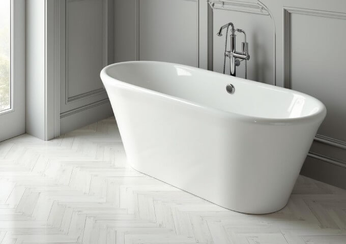 Grijze vinyl panelen in visgraat in de badkamer