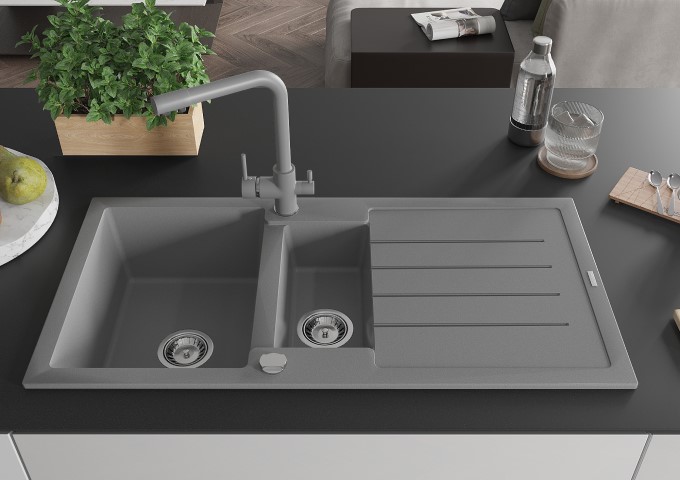 Granieten spoelbakken met kraan grijs