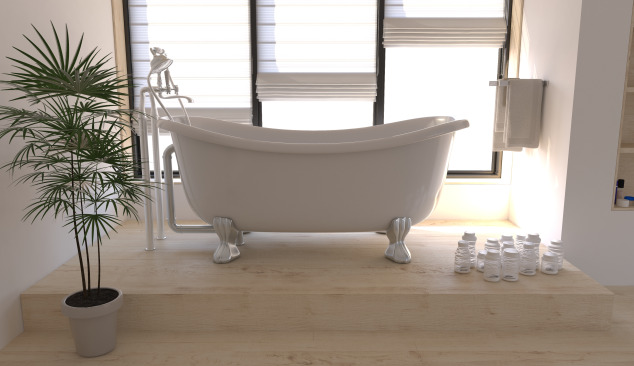 Houten vloer in een witte badkamer