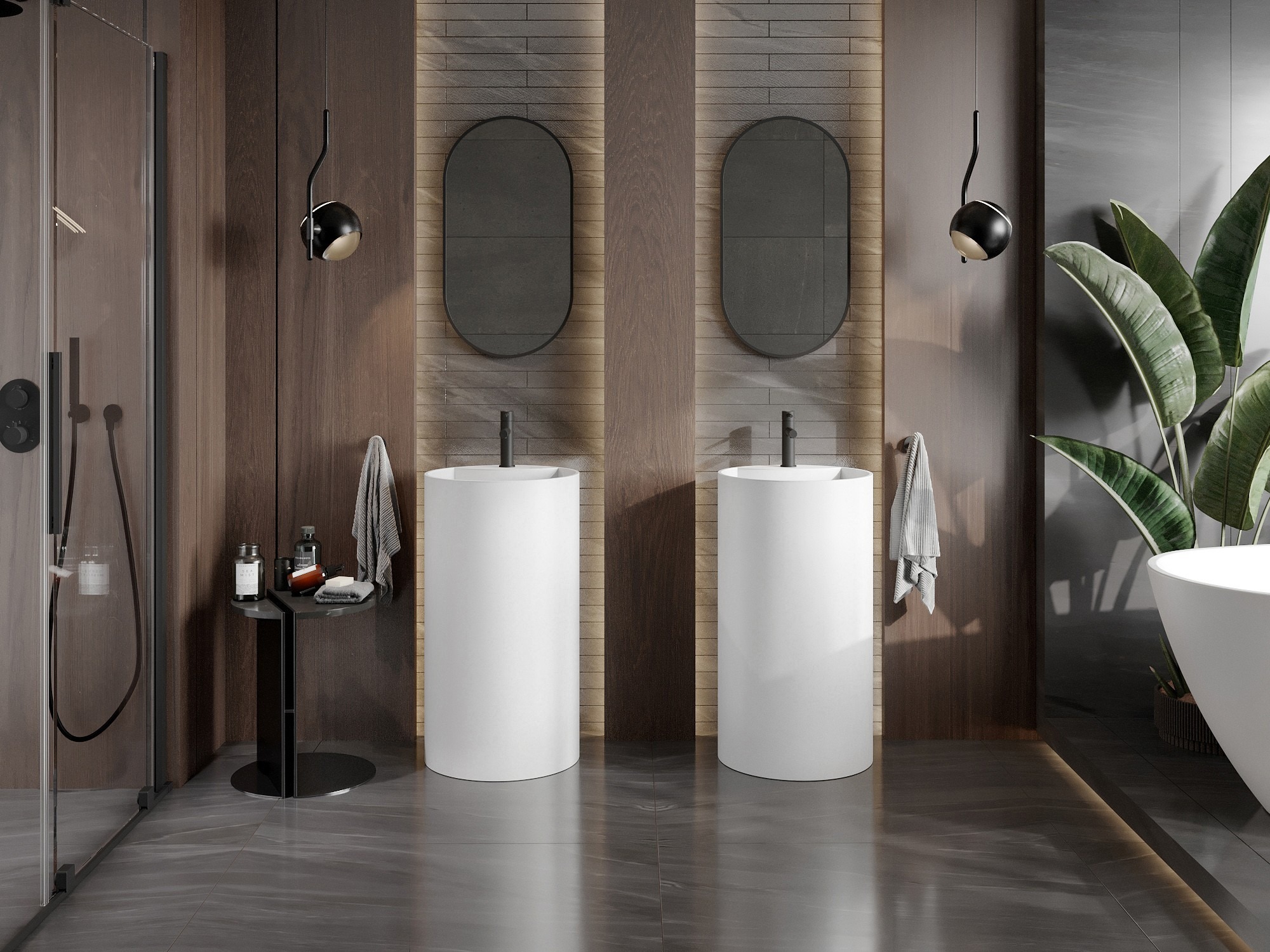 Houten accessoires in de badkamer in boho-stijl