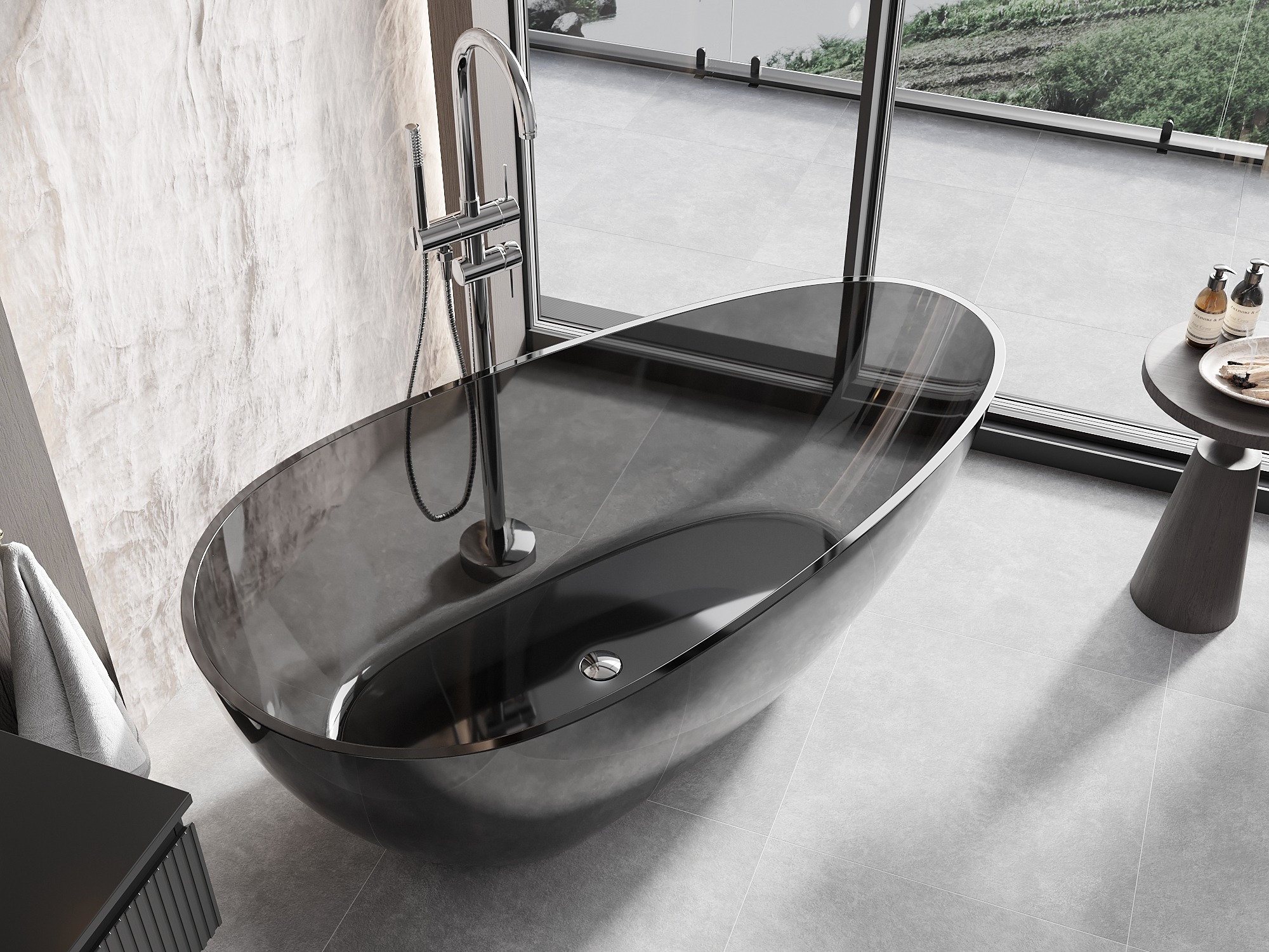 Transparant bad van hars in de badkamer