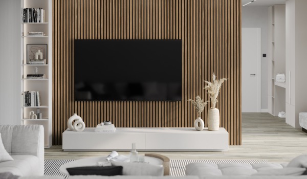 Woonkamer met lamellenwand