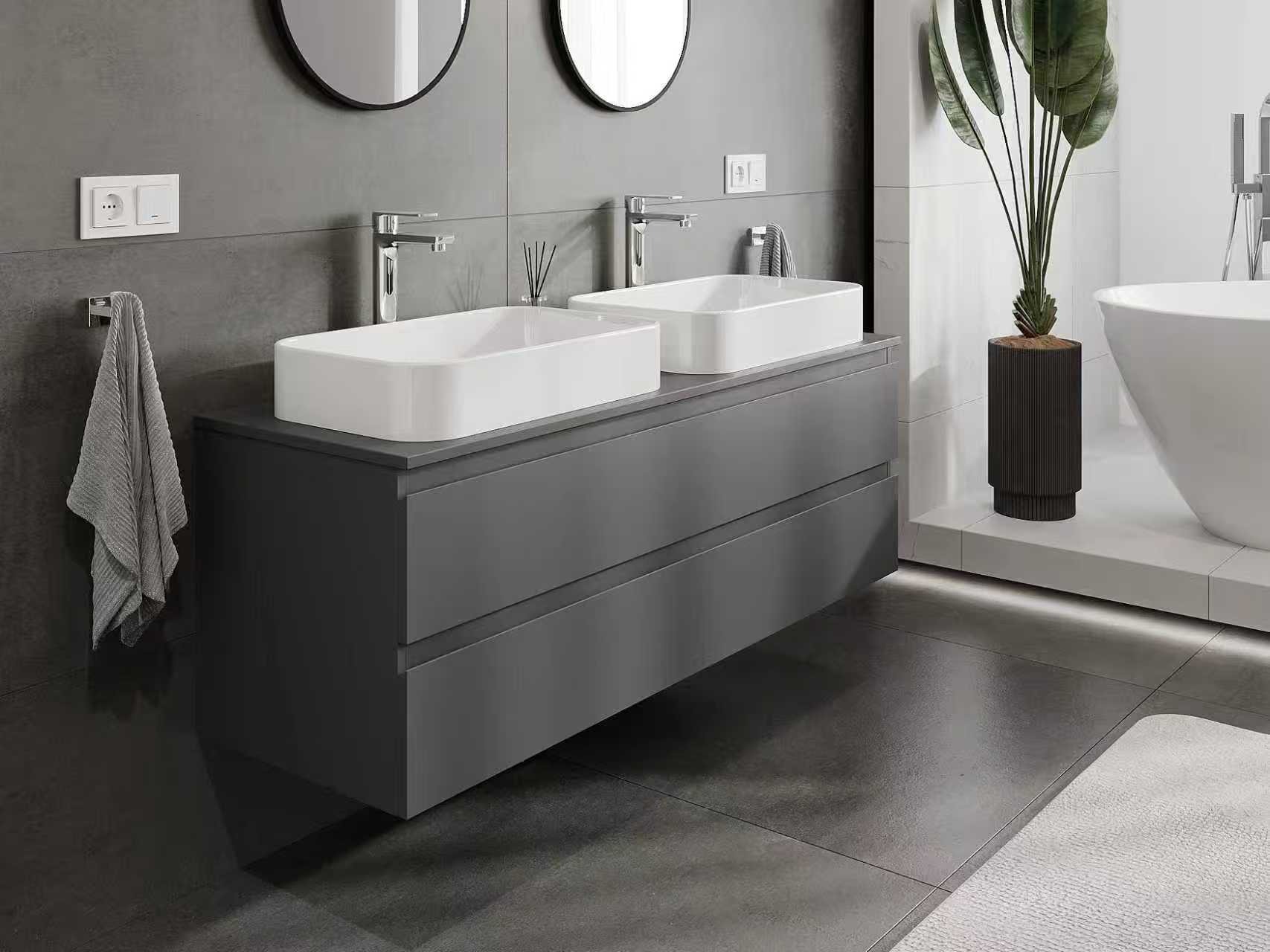 Antraciet badkamerkast met twee wastafels