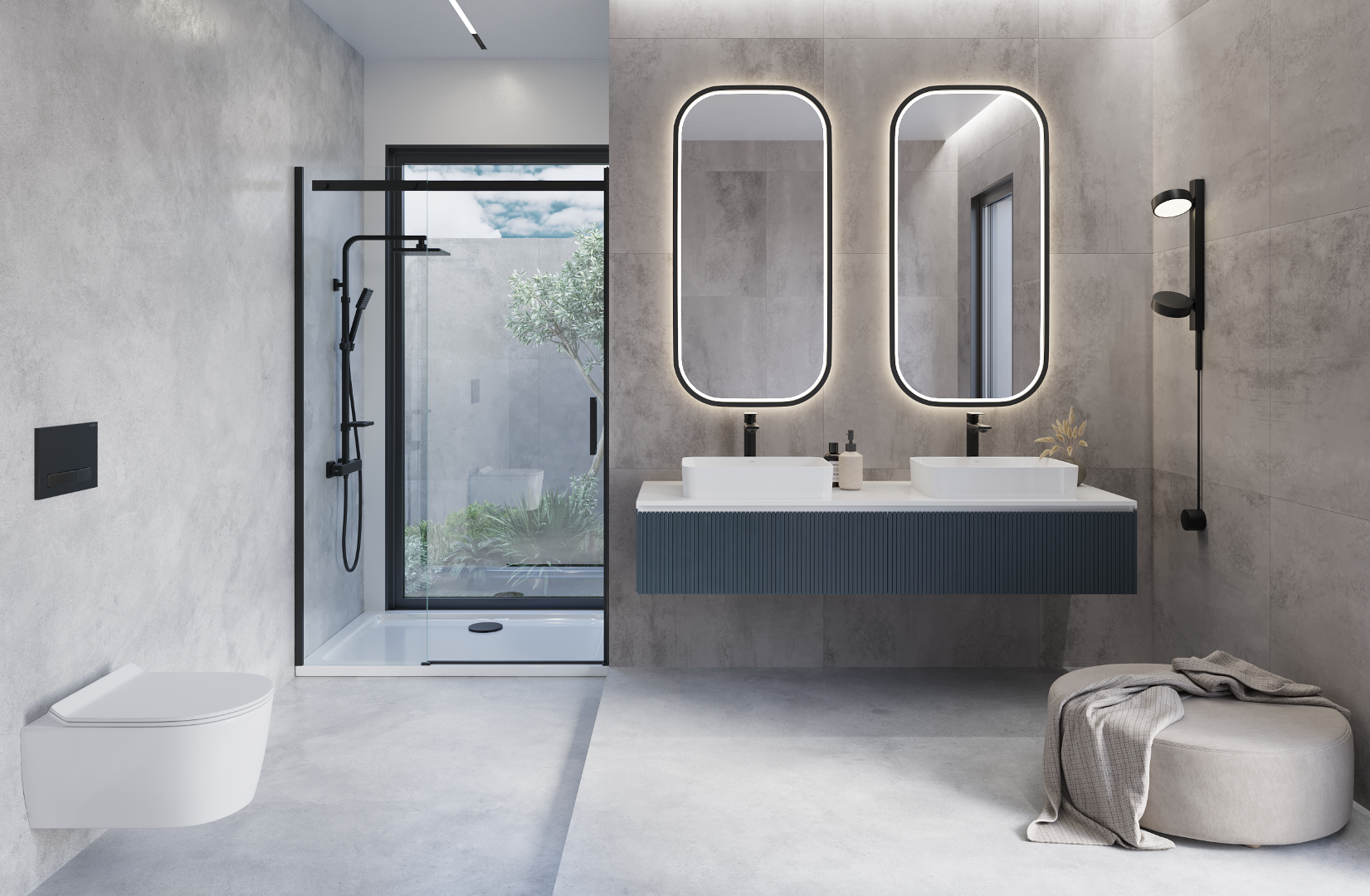 Moderne badkamer met twee opbouw wasbakken