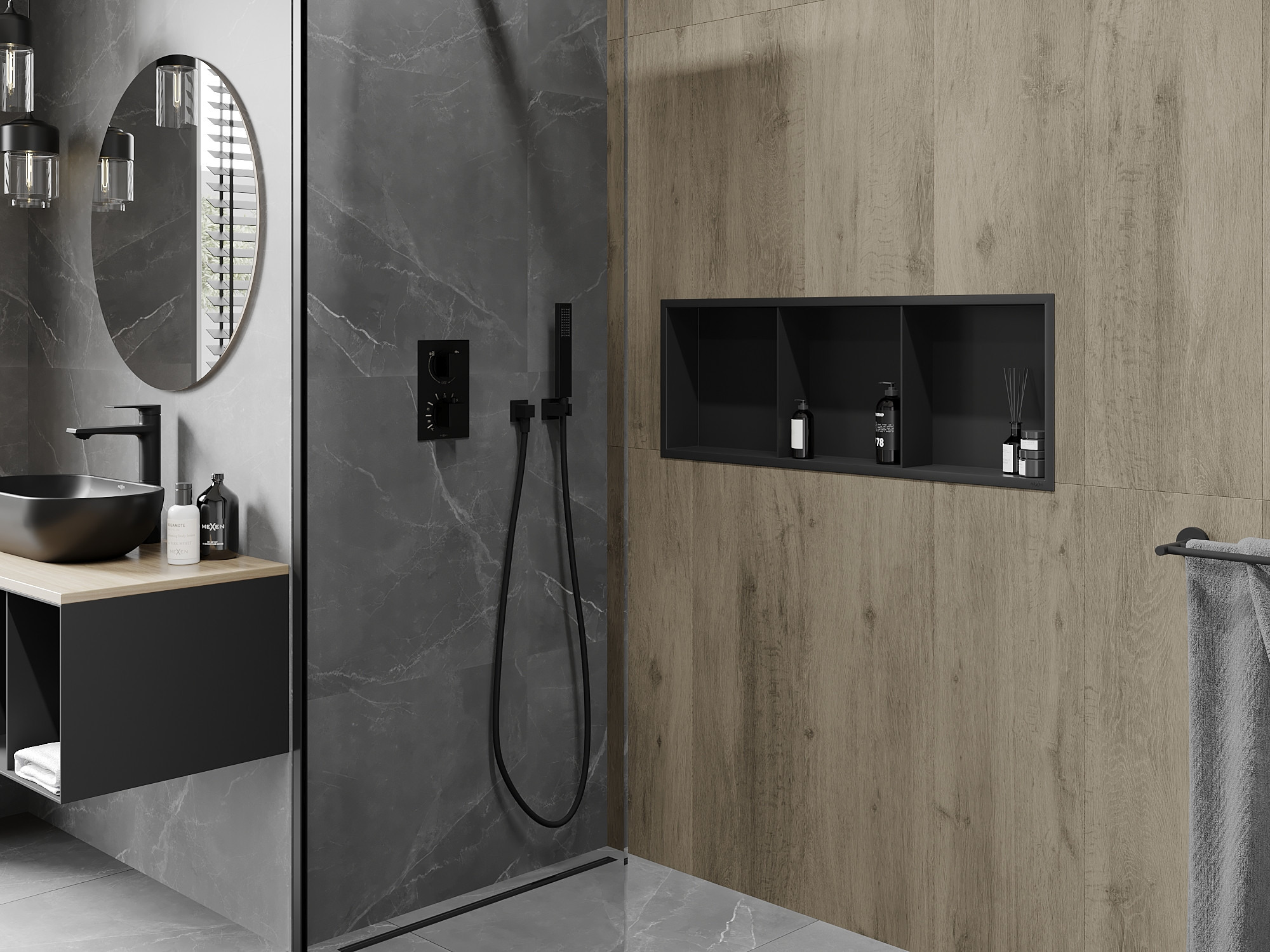 Industriële badkamer met ingebouwde plank onder de douche