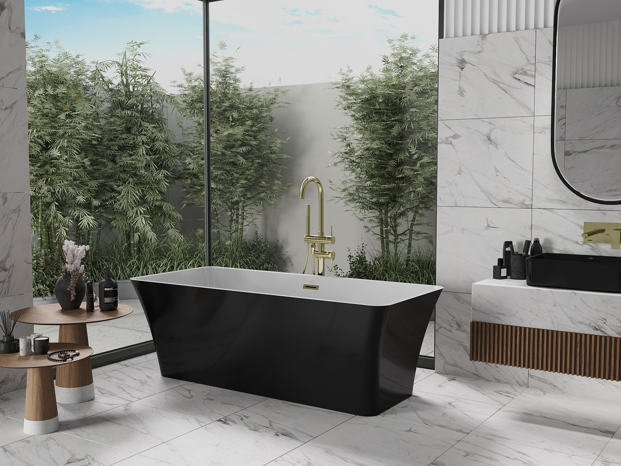 De combinatie van zwart en goud in een marmeren badkamer