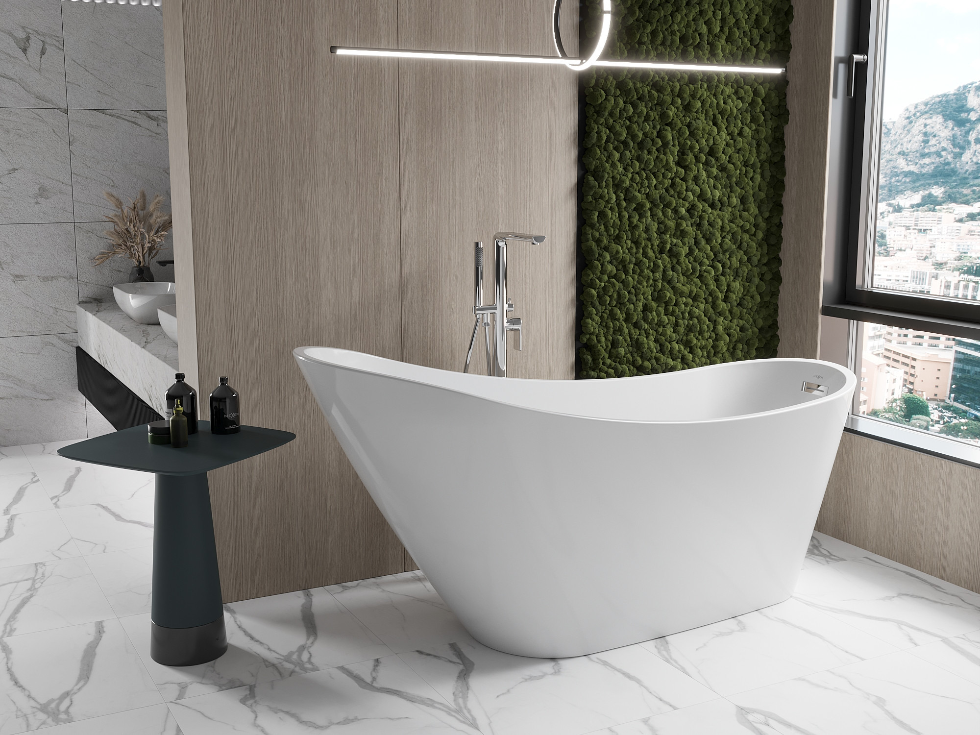 Gezellige badkamer in aardetinten - muur van mos