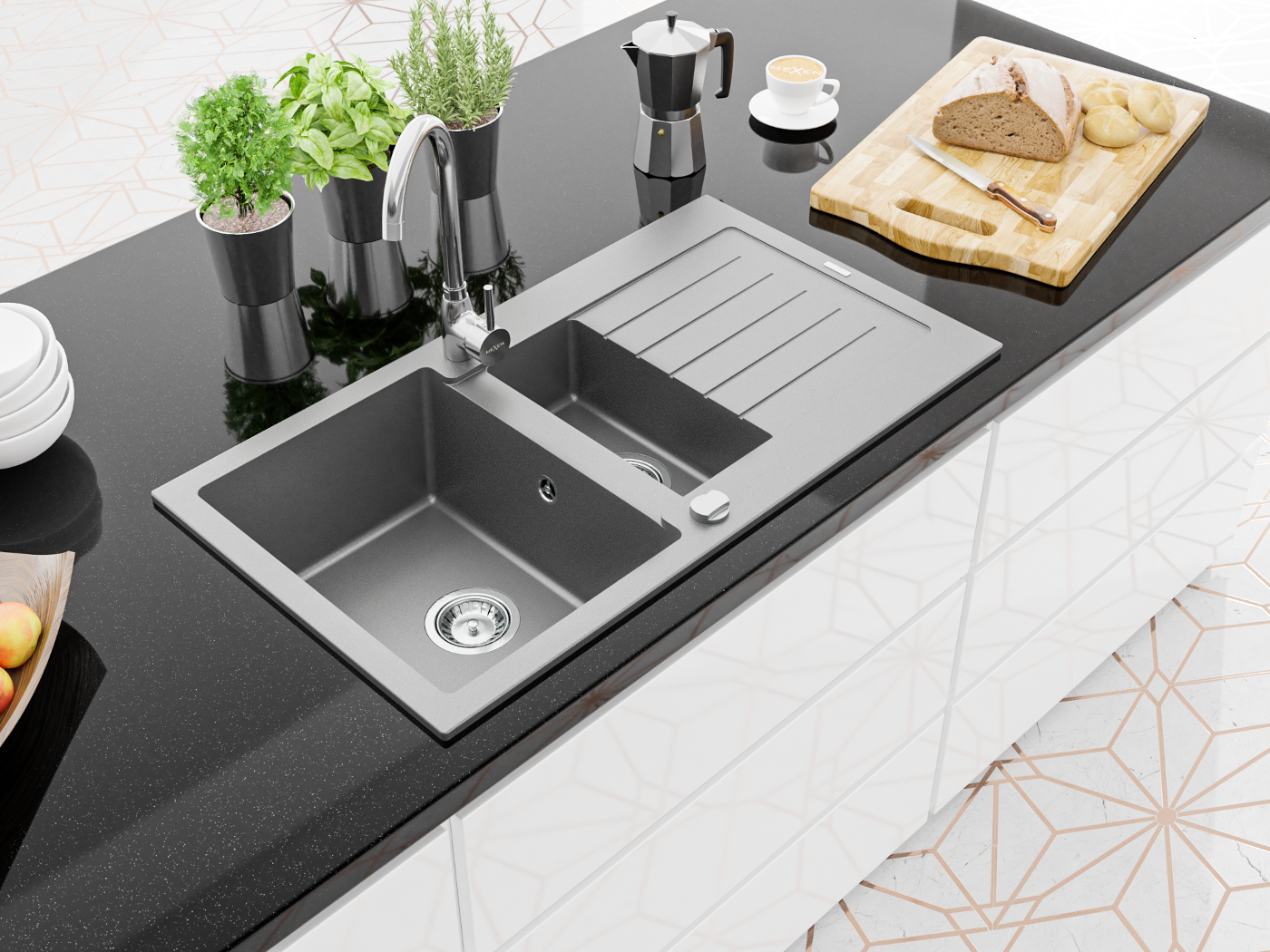 Wit, zwart, grijs in een moderne keuken